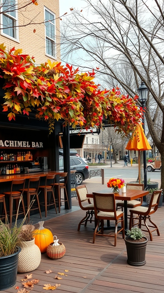 A patio bar decorated with fall leaves, pumpkins, and flowers, creating a cozy autumn atmosphere.
