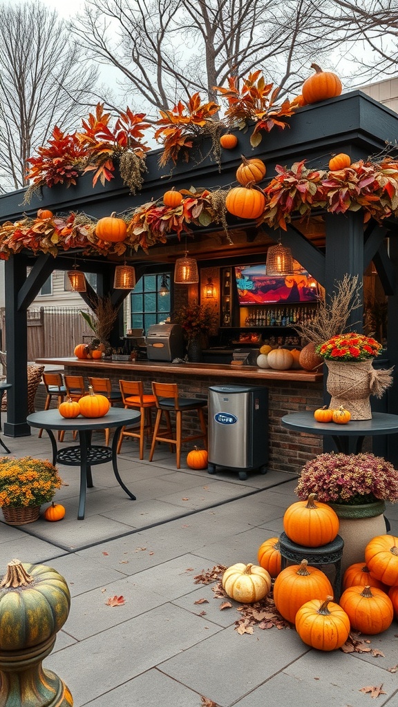 A beautifully decorated patio bar for fall, featuring pumpkins, autumn leaves, and cozy seating.