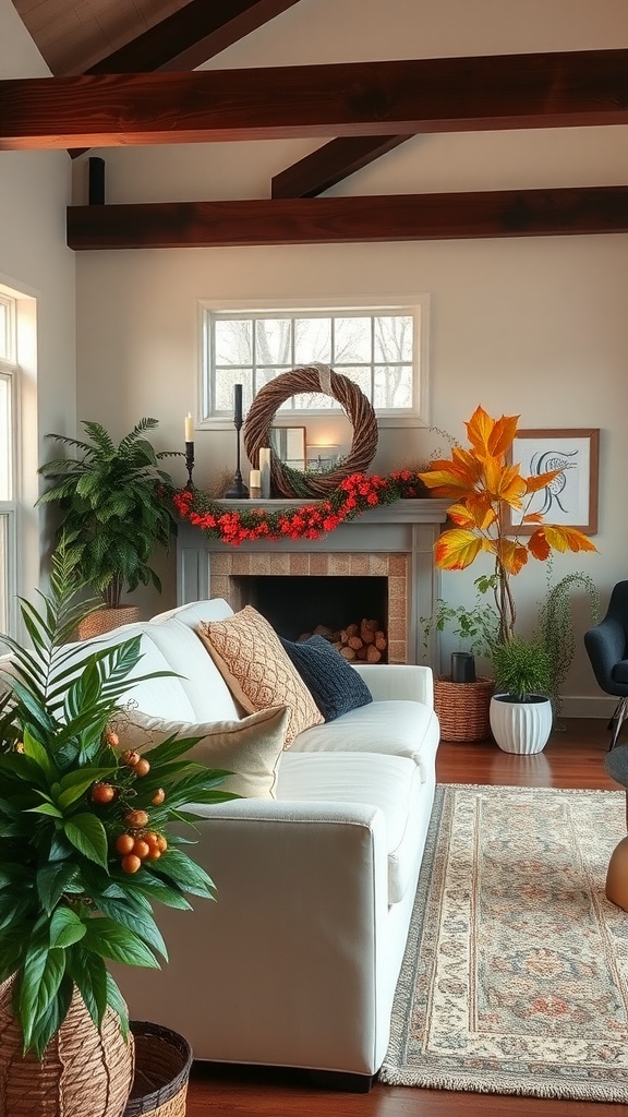 A cozy living room with seasonal plant decor, featuring a large leafy plant and autumn-themed decorations.