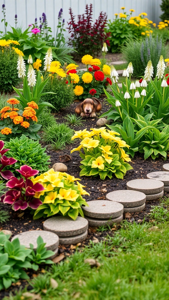A colorful garden with various flowers and a dog lying among them, bordered by stone sleepers.