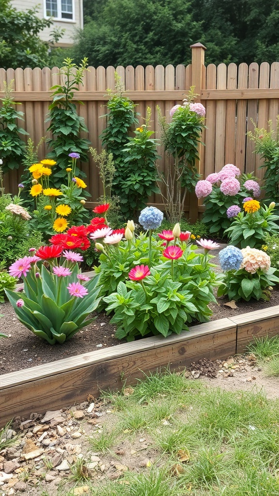 A colorful flower bed bordered by wooden sleepers, showcasing a variety of flowers.