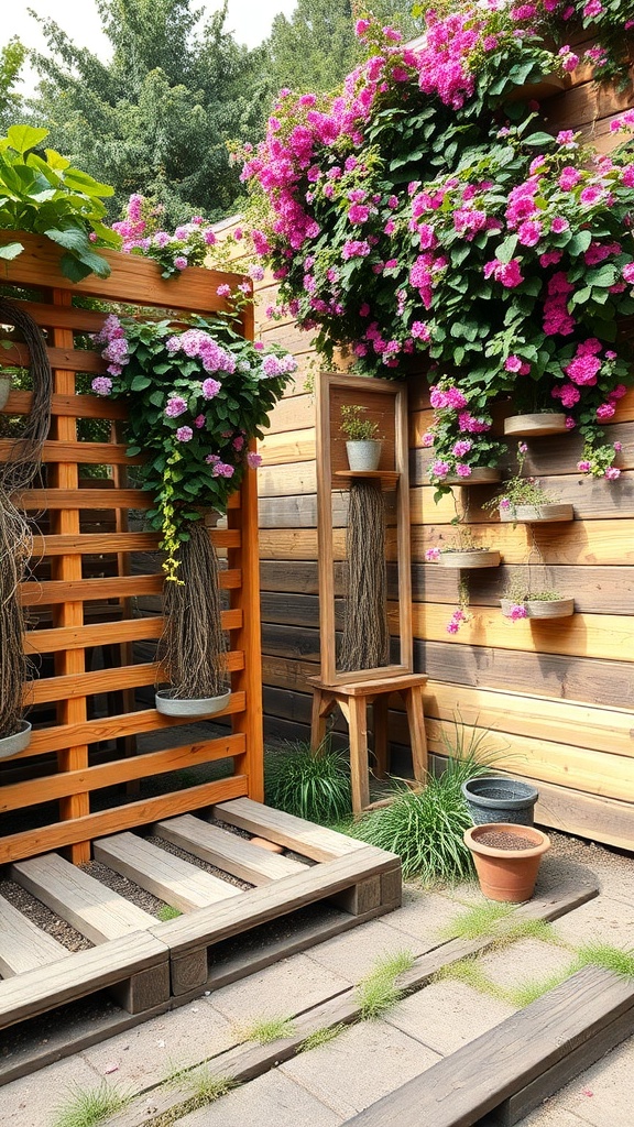 A vertical garden setup using wooden sleepers with vibrant flowers and plants.