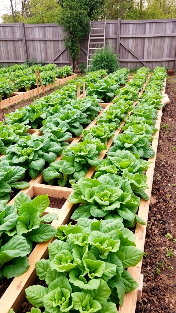A vegetable garden with raised beds made from wooden sleepers, filled with lush green plants.
