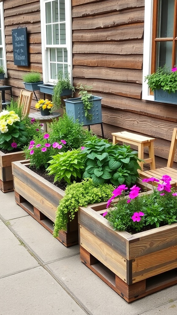 Wooden sleepers used as planters filled with colorful flowers and herbs
