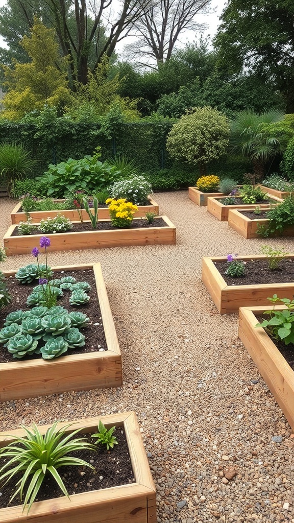 A garden with raised wooden sleeper beds filled with various plants and flowers, surrounded by gravel paths.