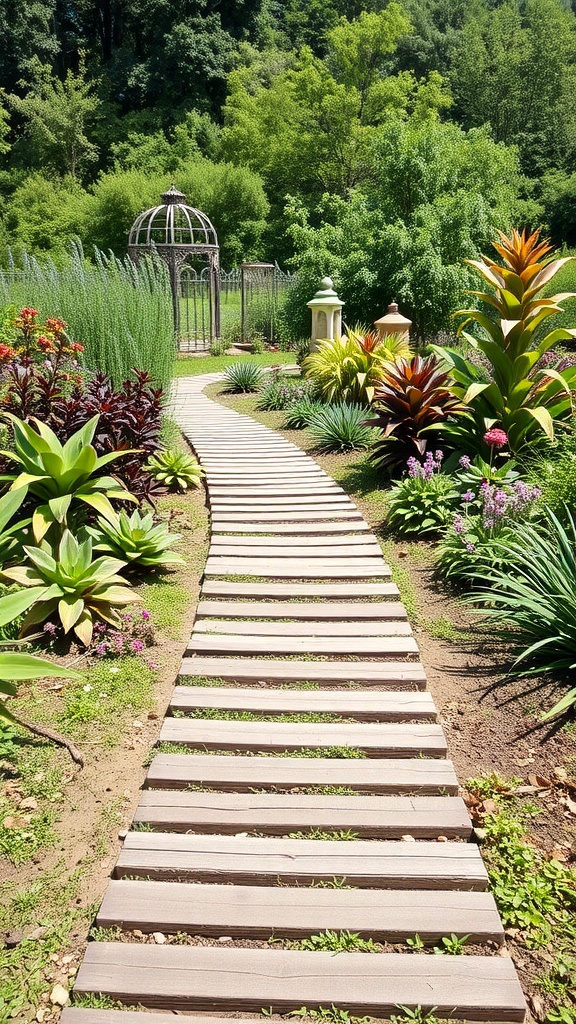 A winding wooden pathway made of sleepers surrounded by lush greenery and colorful plants.