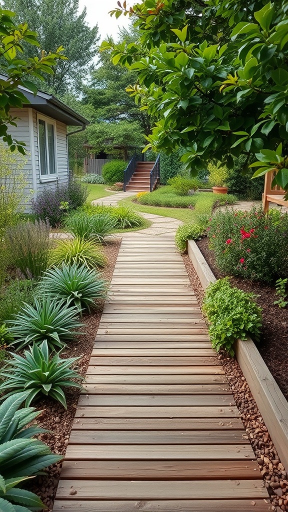 A wooden pathway lined with greenery in a garden setting.
