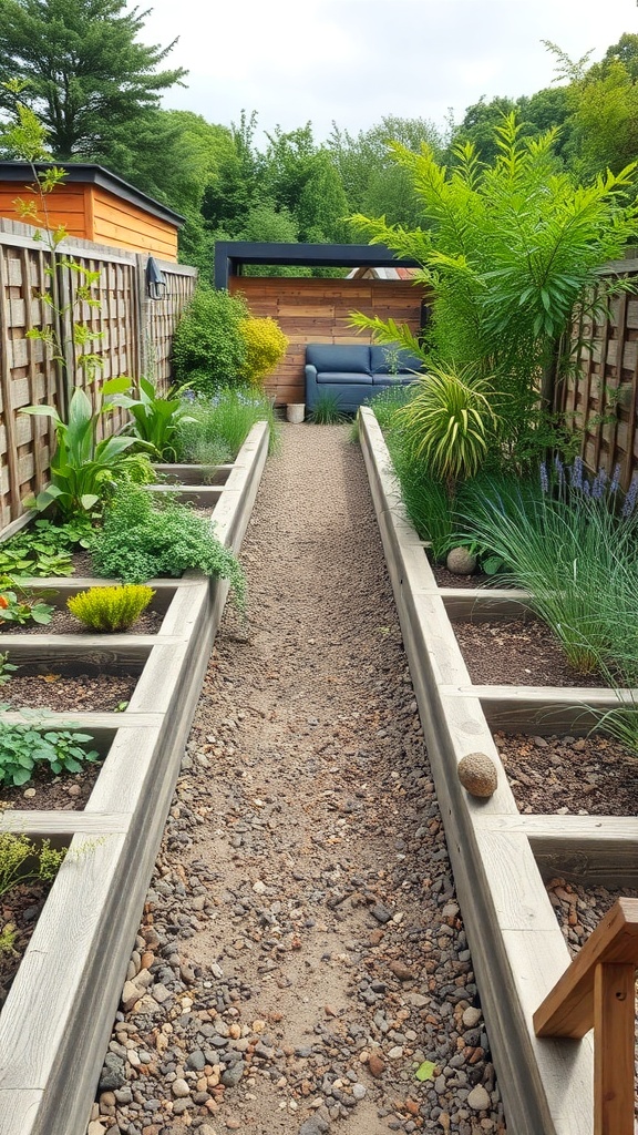 A garden path bordered by wooden sleepers with lush greenery on either side.