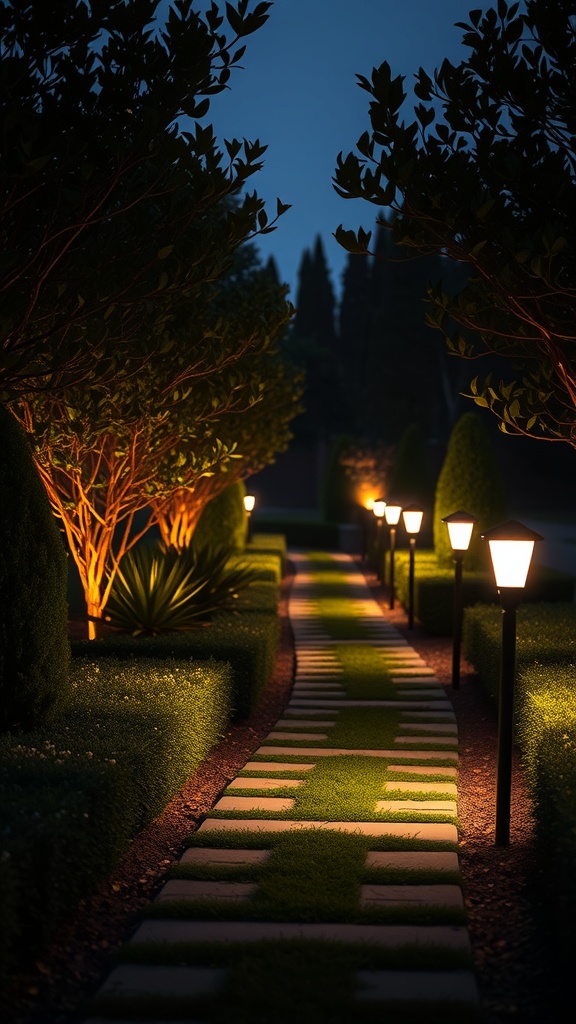 A beautifully lit garden pathway with solar-powered lights lining the sides, surrounded by lush greenery.