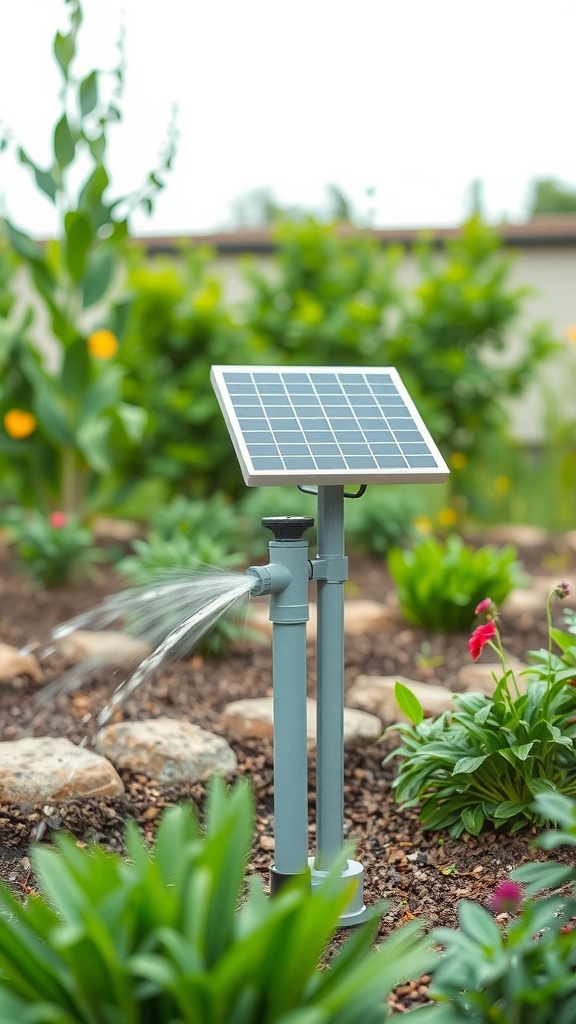 A solar-powered water pump in a garden, with a solar panel and water flowing from the pump.