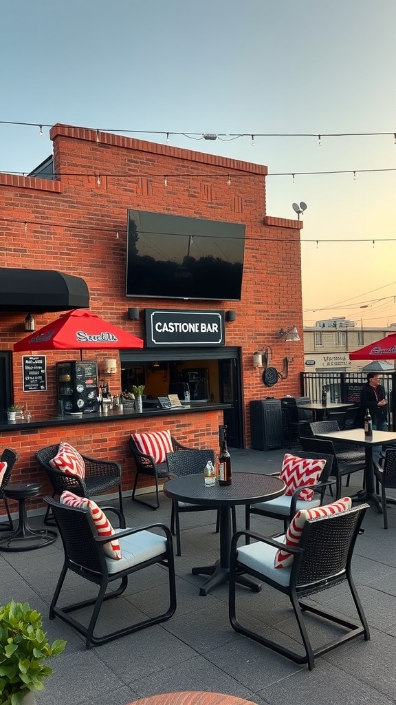 A patio bar with a large screen for sports viewing, featuring comfortable seating and a vibrant atmosphere.
