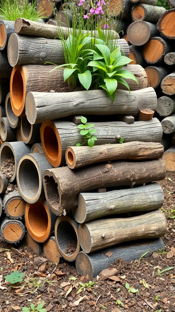 Stacked log planters with green plants and flowers