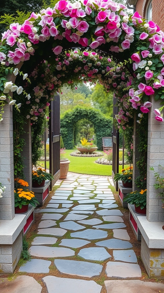 A stone pathway leading to a floral arch adorned with pink roses, framed by greenery.