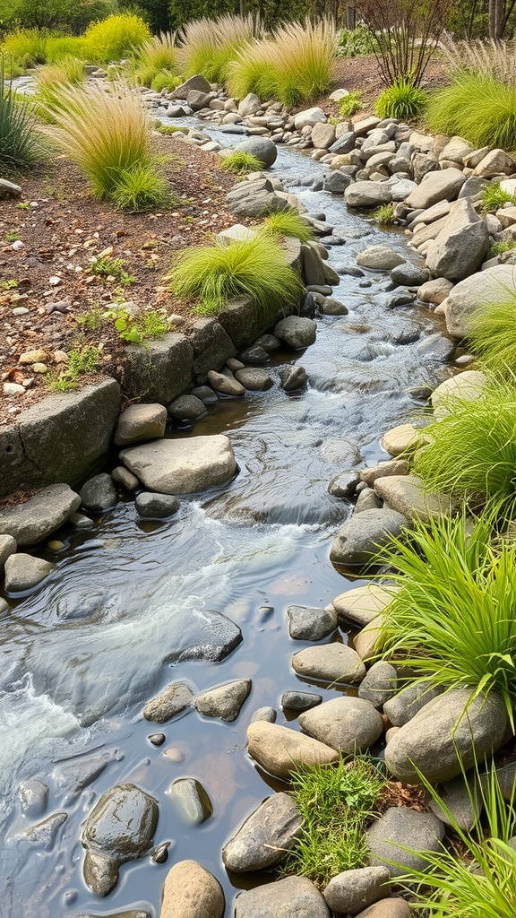 A serene garden stream with smooth flowing water surrounded by stones and greenery.