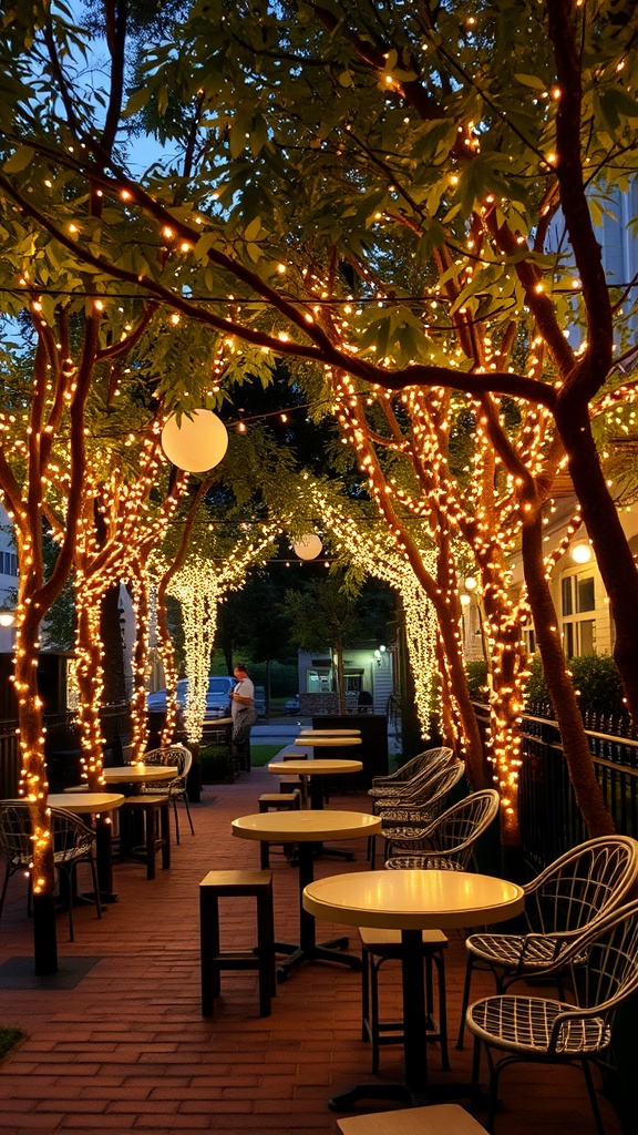 A garden pathway illuminated with string lights draped over trees, creating a cozy atmosphere.
