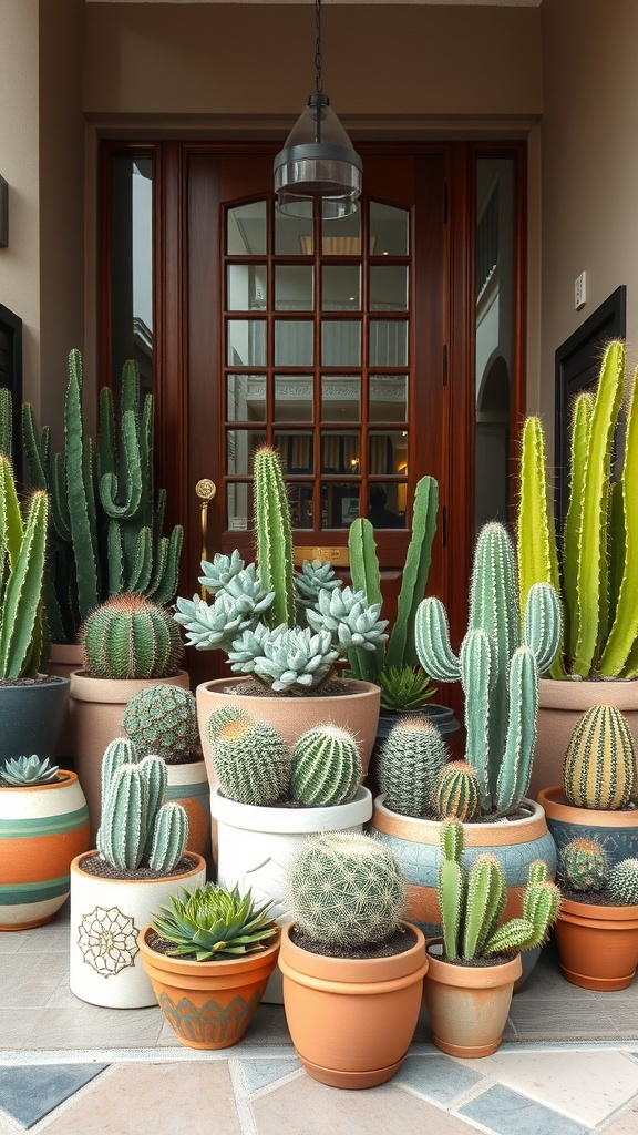 A vibrant display of succulents and cacti arranged in various pots at a garden entrance.