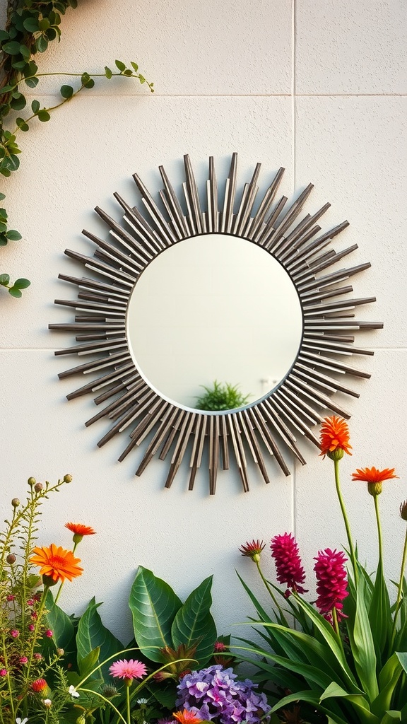 A sunburst mirror mounted on a wall surrounded by colorful flowers in a garden.