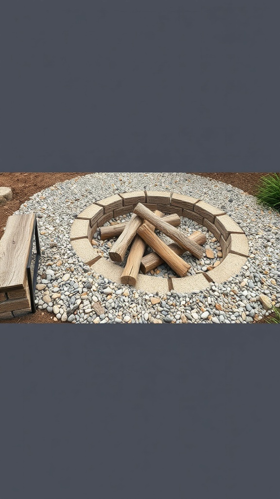 Sunken fire pit surrounded by gravel with logs arranged inside