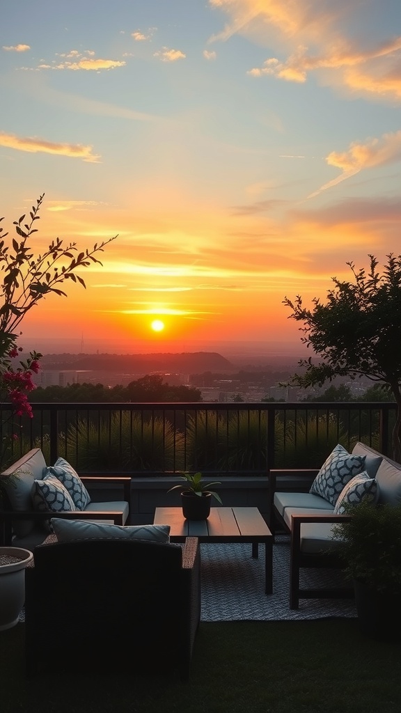 Cozy garden nook with comfortable seating, perfect for sunset viewing.