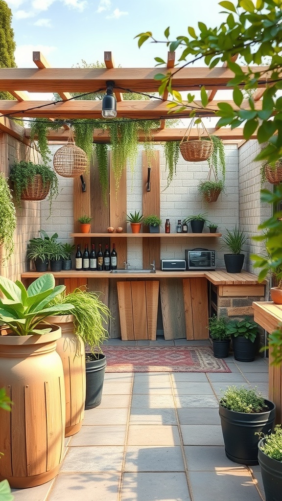 A sustainable outdoor bar area with wooden shelves, hanging plants, and a cozy atmosphere.