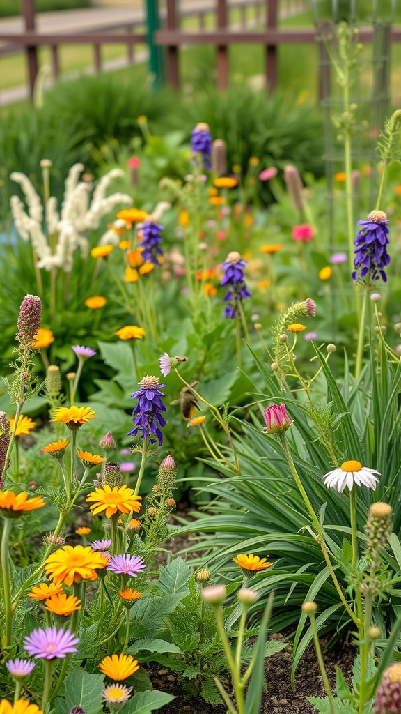 A colorful wildflower garden with various flowers in bloom.