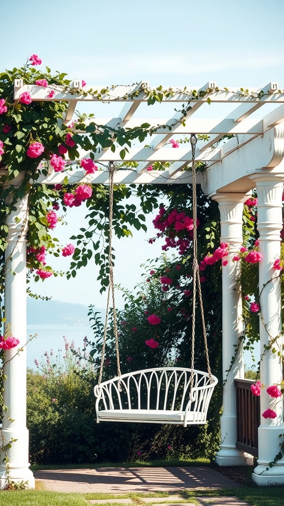 A white swinging chair hanging from a pergola covered in pink flowers, surrounded by greenery.