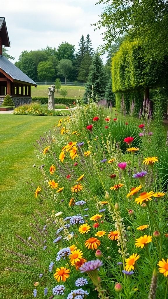 A vibrant wildflower border with yellow, red, and blue flowers in a garden setting.