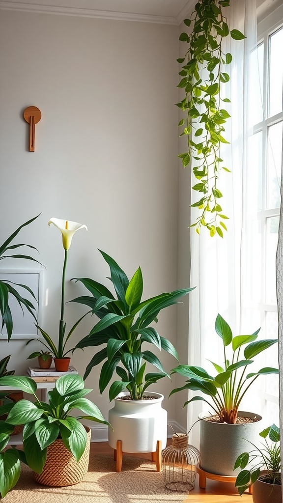 A cozy corner featuring various houseplants in stylish pots, enhancing home decor and air quality.