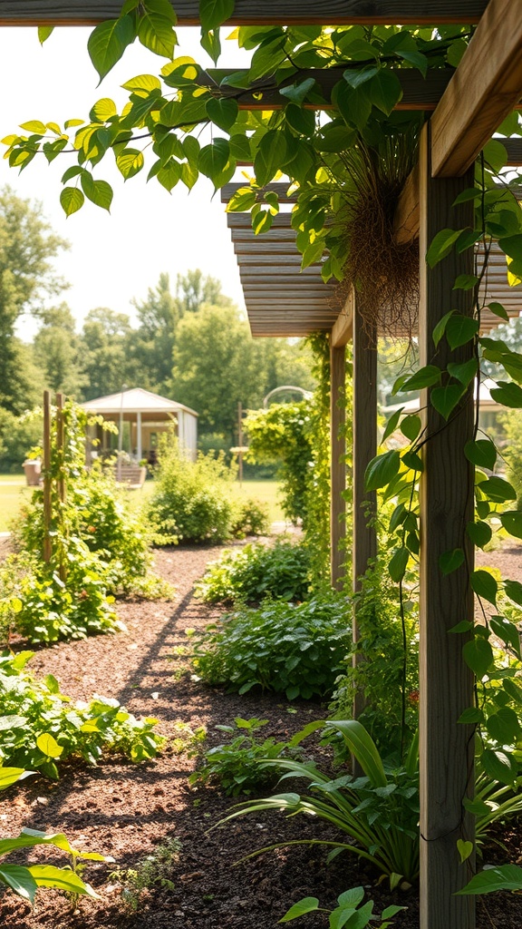 A garden with a wooden arbor covered in green vines, surrounded by lush plants and a sunny background.