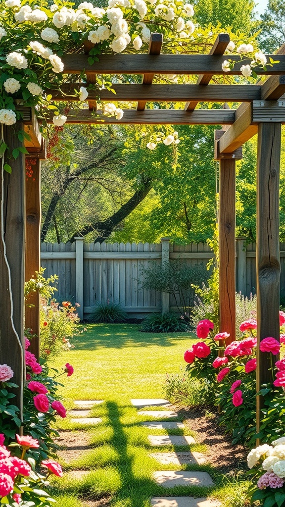 A wooden arbor covered with white flowers, leading through a garden with colorful flowers and green grass.