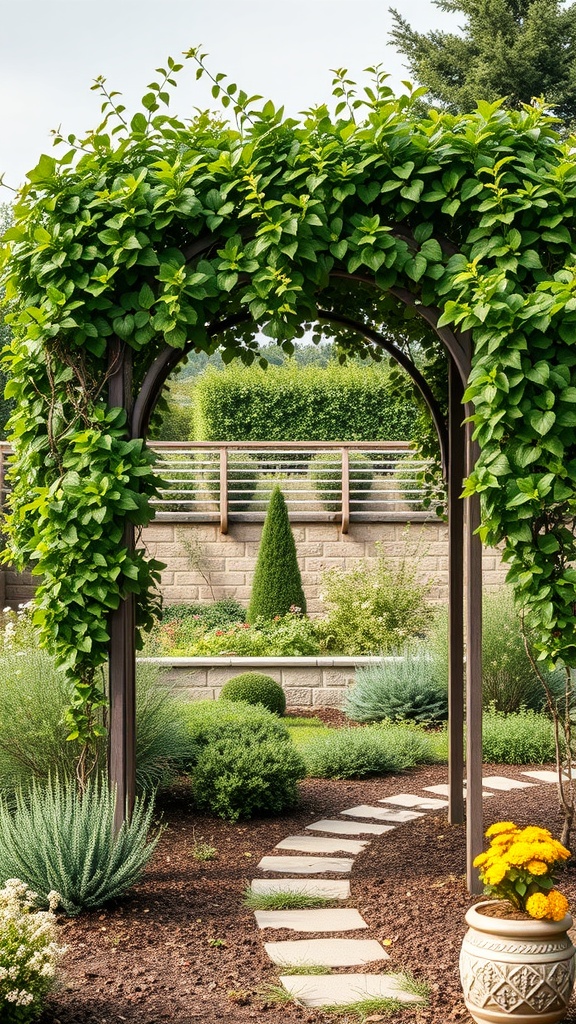 A garden arbor covered in green leaves with a stone pathway leading through it.