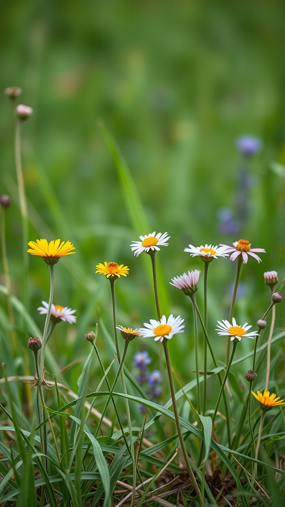 A close-up of various wildflowers, including daisies and yellow flowers, growing in a green field.