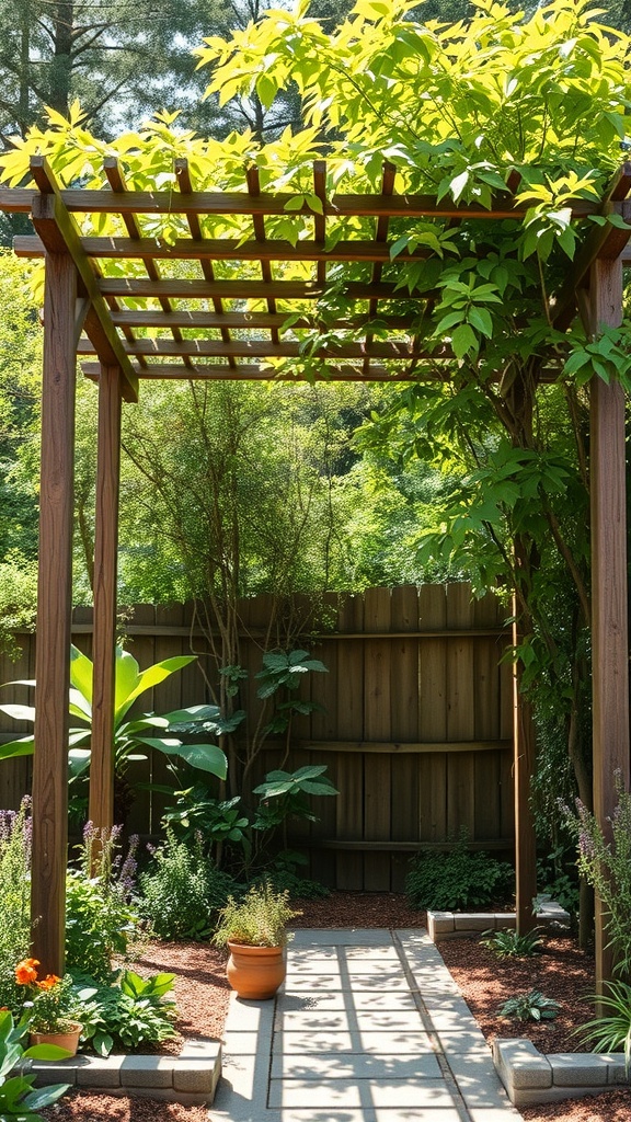 A wooden arbor covered with green leaves in a garden, providing a private and cozy atmosphere.