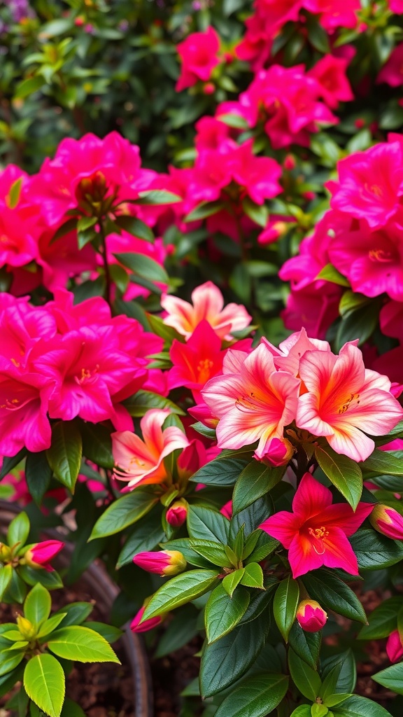 A vibrant display of pink azaleas in full bloom, showcasing their colorful petals and lush green leaves.