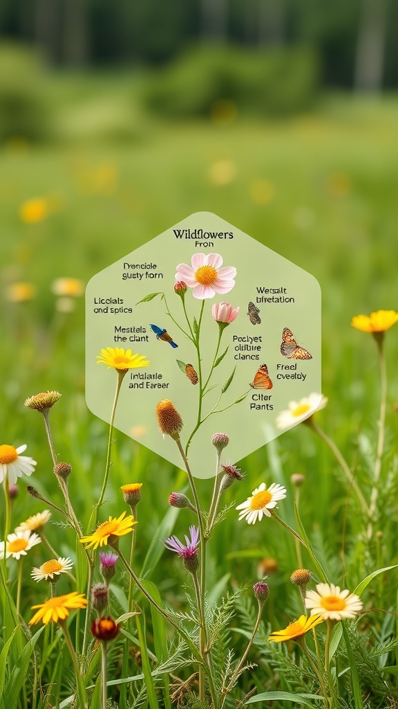 A variety of wildflowers in a field with labels indicating their roles in the ecosystem.