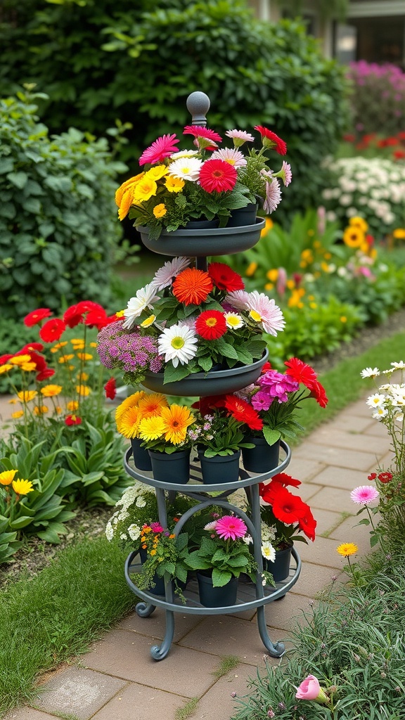 A tiered plant stand filled with colorful flowers in a garden setting.