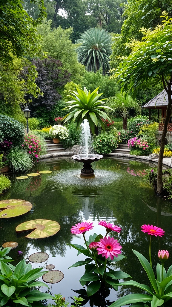 A tranquil pond with a fountain surrounded by colorful flowers and lush greenery.