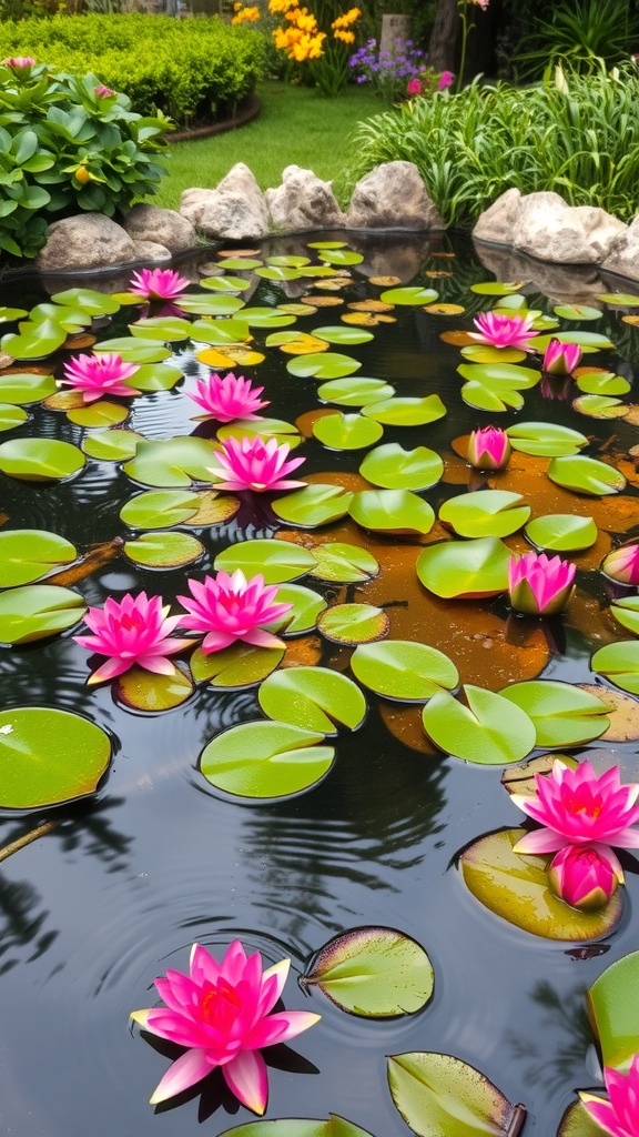 A tranquil pond filled with pink water lilies and green lily pads, surrounded by lush garden plants.