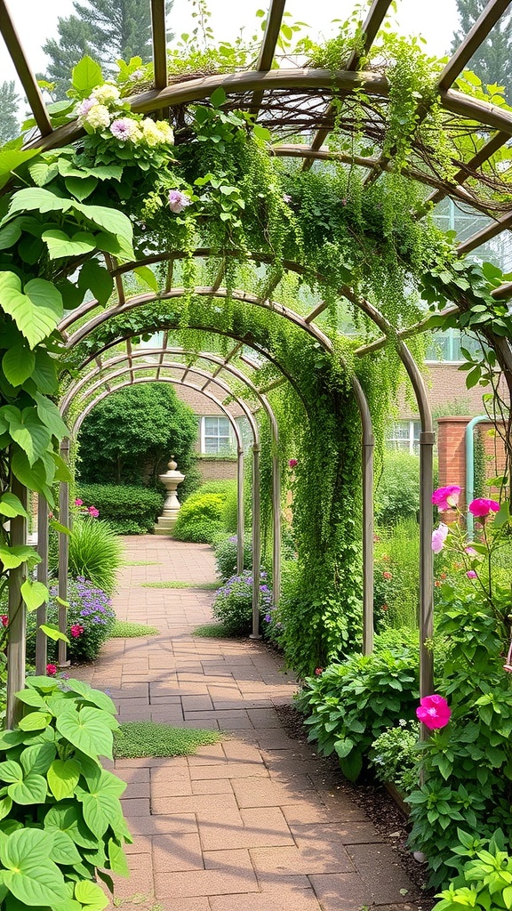 A garden pathway with a trellis arch covered in green vines and colorful flowers.
