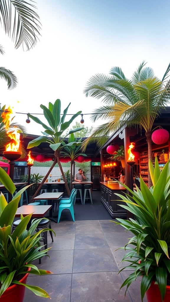 A vibrant patio bar surrounded by tropical plants and lanterns, featuring a sleek bar area and cozy seating.