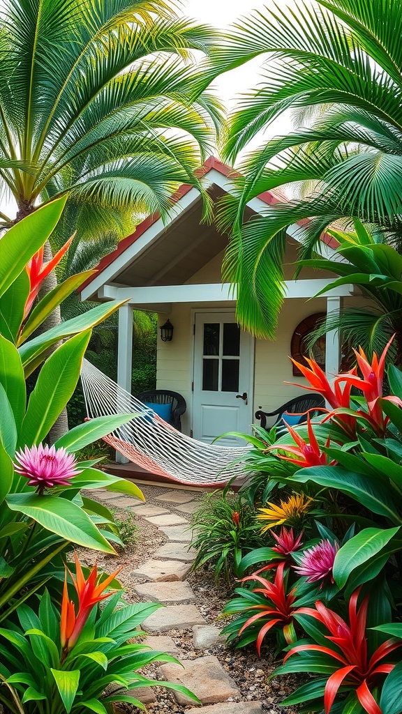 A tropical summer house surrounded by vibrant plants and a hammock.