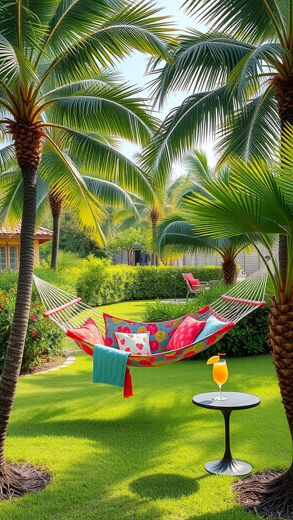 A colorful hammock between palm trees in a lush garden with a drink on a table.