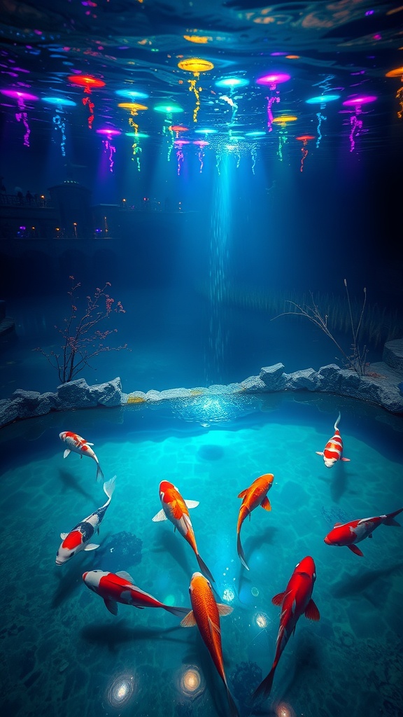 Underwater lights illuminating a pond with koi fish swimming