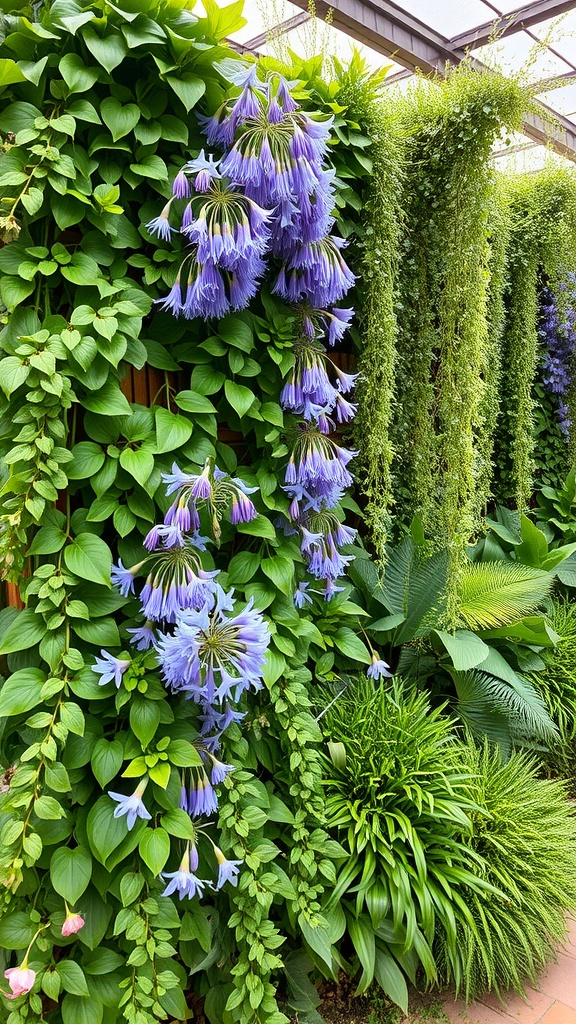 A vertical garden featuring cascading Agapanthus flowers and lush green foliage.