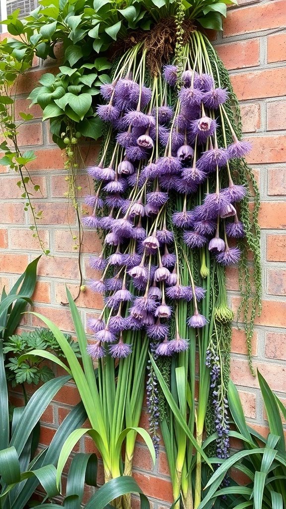 A vertical garden featuring purple alliums cascading down a brick wall, surrounded by green foliage.