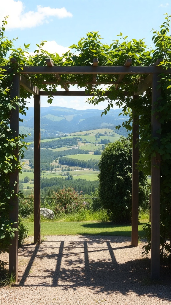 A wooden arbor covered with greenery, framing a scenic view of rolling hills and blue skies.