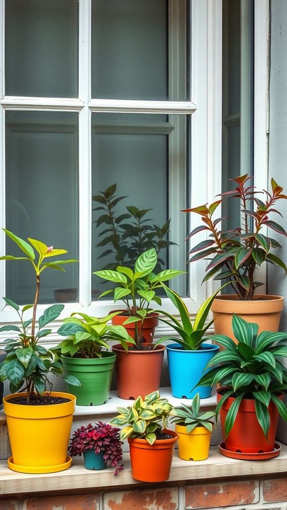 A collection of house plants in colorful pots arranged on a windowsill.