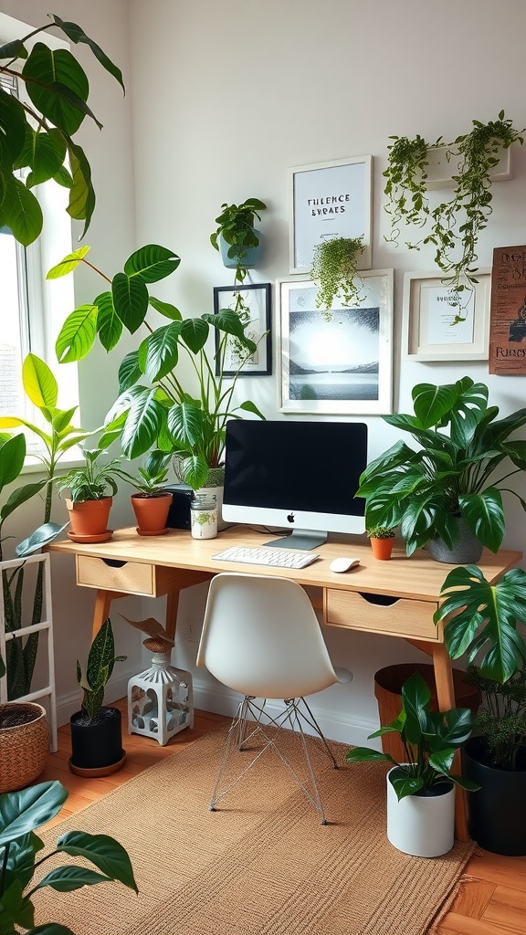 A home office with a wooden desk, computer, and various house plants in pots.