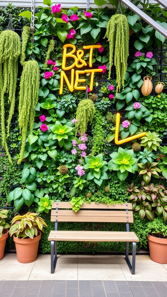 A vertical garden wall filled with various plants and flowers, with a wooden bench in front.