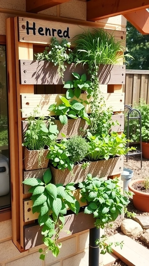 Vertical herb garden made from a wooden pallet with various herbs growing in planter boxes.